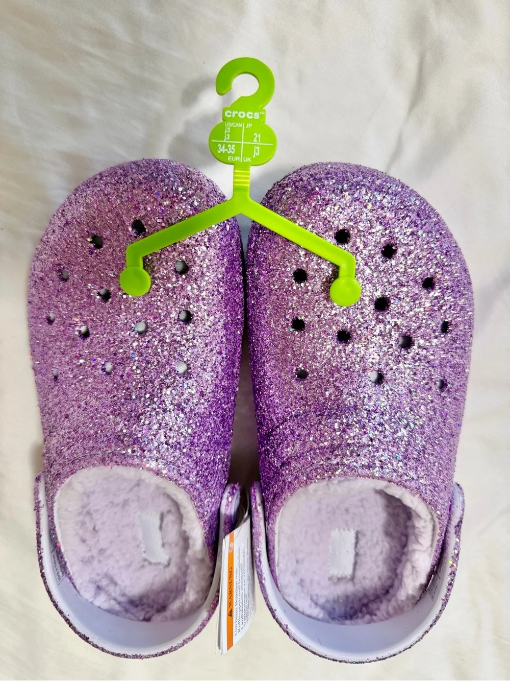 CROCS NWT Kids Purple Glitter Fuzzy Clog with Heel Strap Size 3